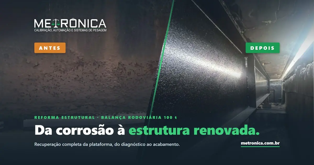 Reforma estrutural de balança rodoviária de 100 t: antes, com corrosão, e depois, com a estrutura renovada