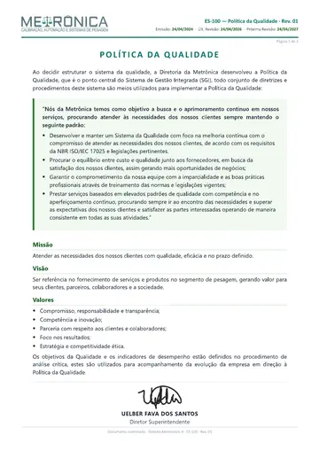 Primeira página da Política da Qualidade ES-100