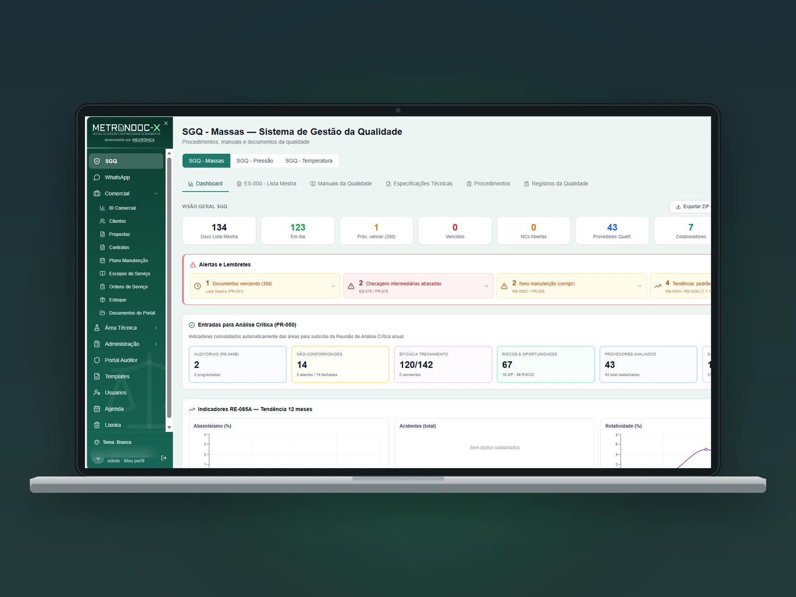 Tela real do Metrondoc-X, software da Softrônica, em um notebook