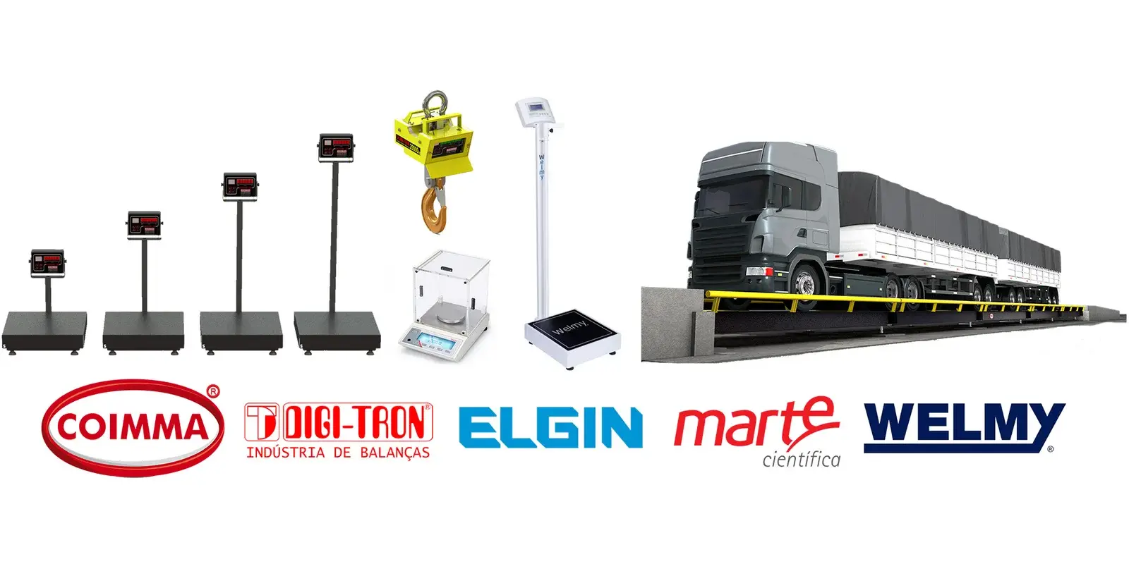 Balanças de plataforma, suspensa, de laboratório, antropométrica e rodoviária, com as marcas Coimma, Digi-Tron, Elgin, Marte e Welmy